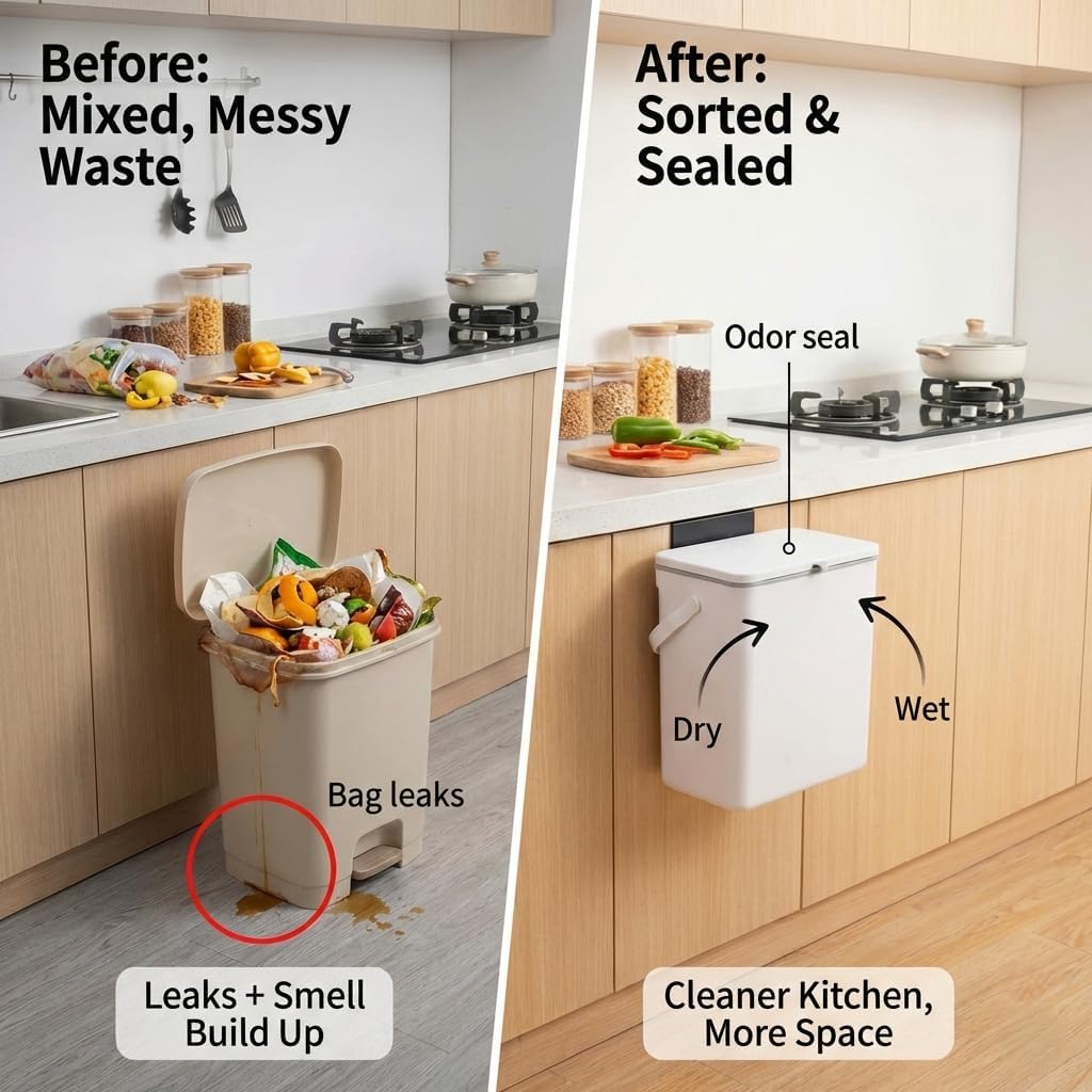 3.2 Galoon Kitchen Compost Bin with lid | Odorless Hanging Trash Can with Sliding Lid for Dry & Wet Waste – 12 L Wall-Mounted Garbage Can for Kitchen Cabinet. Under Sink Trash can for Office.