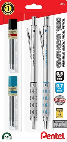 Pentel GraphGear 1000 - Lápiz de dibujo automático, lápices mecánicos de metal de 0.5 y 0.028 in con minas de recambio