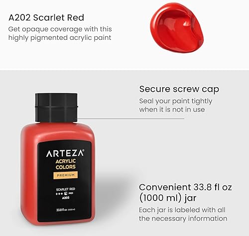 Miniatura 2 de ARTEZA Pintura acrílica, A202 rojo escarlata, 33.8 onzas líquidas, tarro de 30.3 fl oz, opaco, de secado rápido, pinturas acrílicas para pintar