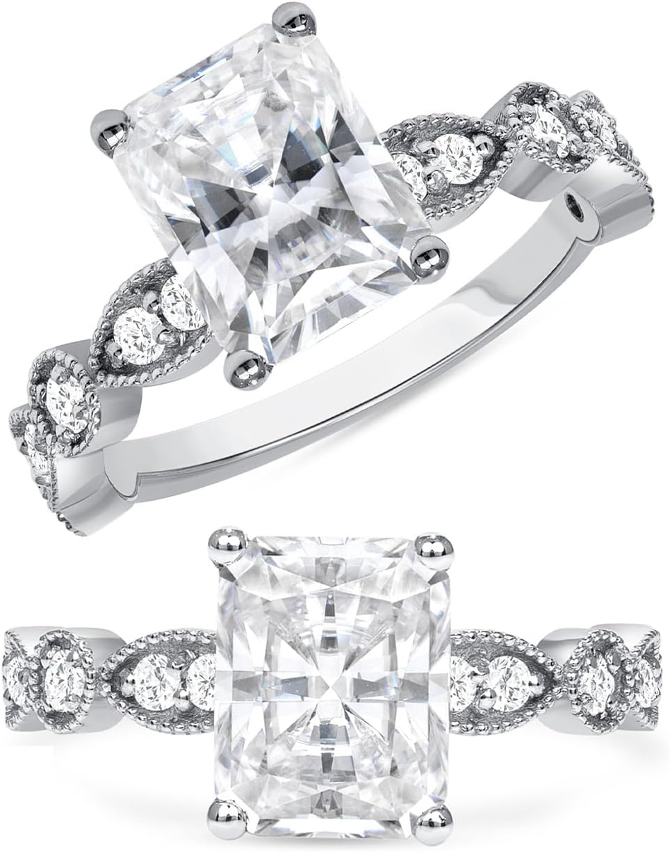 2 to 6 Carat Fancy Shape Moissanite Vintage Carved Milgrain Engagement Ring w 1/4 Carat Diamond in 14k White Gold (G-H, VS/SI, cttw DEW) Wedding Ring Size 4 to 11 Made in USA