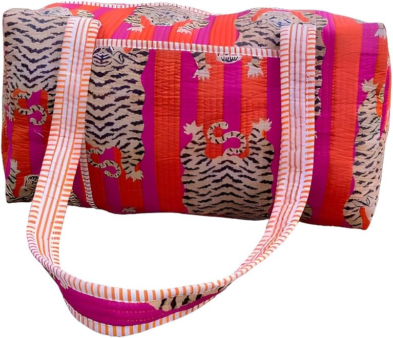 INDACORIFY Cotton Tiger Print Quilted Duffle Bags Large Size Beautiful Print Weekender Bags Handmade Shoulder Travel Overnight Trip Yoga Bag