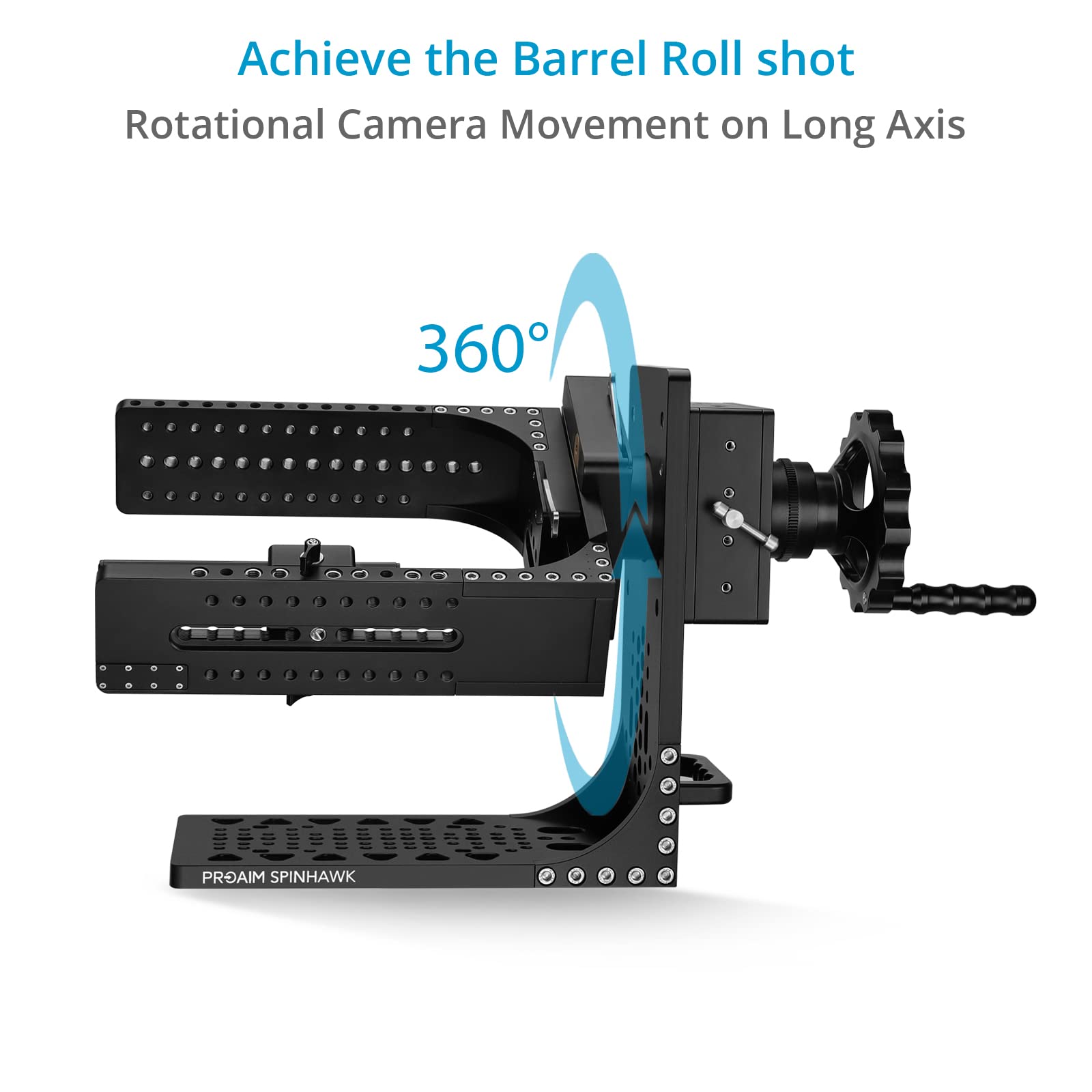 Cabezal PROAIM Spinhawk 360° para rigs de Cine Pesados, Carga 40 kg | Captura planos tipo barrel roll con manivela manual; rotación suave continua 360° para tomas cinematográficas