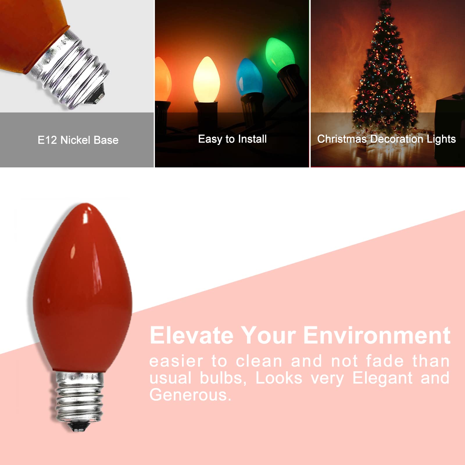 25-Pack Red C7 Christmas Bulbs - 5W Ceramic E12 Base Replacement Lights For Indoor/Outdoor