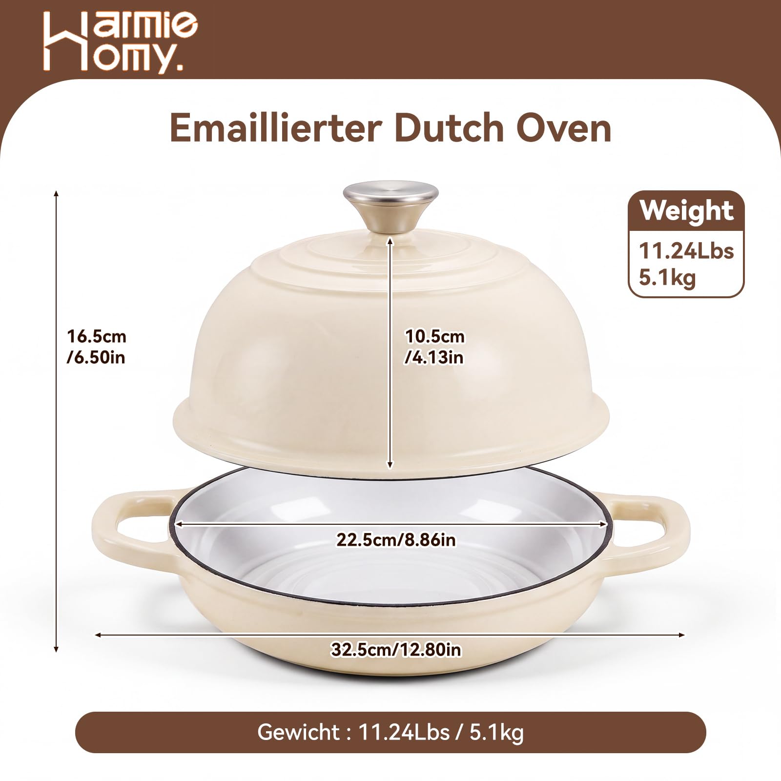 Warmiehomy Gusseisen Topf, 4.4L Emaille Brotbacktopf mit Gewölbter Deckel
