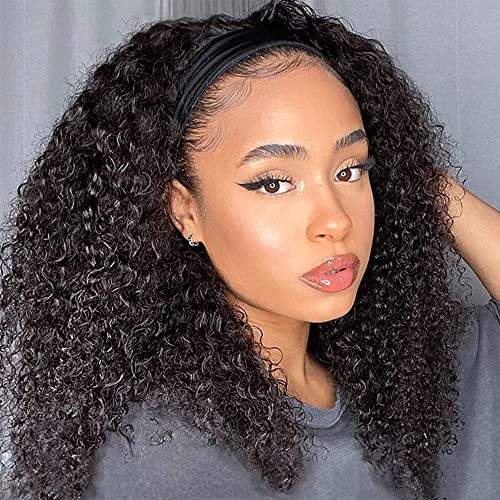 Headband Wig Human Hair 12Inch Kinky Curly Wigs Glueless None Lace Front Wigs Machine Made 200% Density Jerry Curly Wigs for Black Women Natural Black Color (12 Inch, Headband Curly Wig)