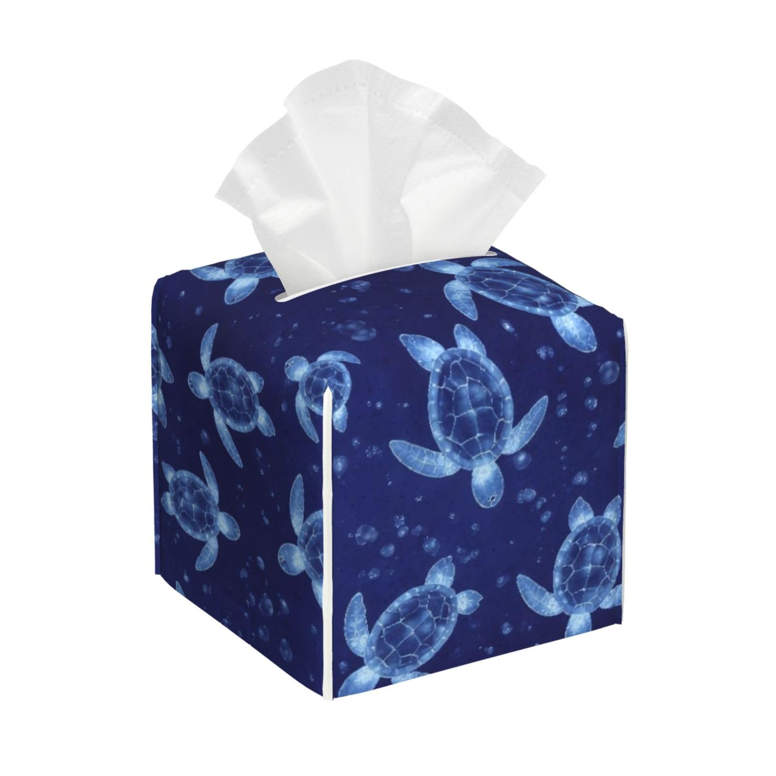 Blue Sea Turtle Leather Tissue Box Cover Holder Square Facial Paper Organizer 5.2" X 5.2" X 5.2"