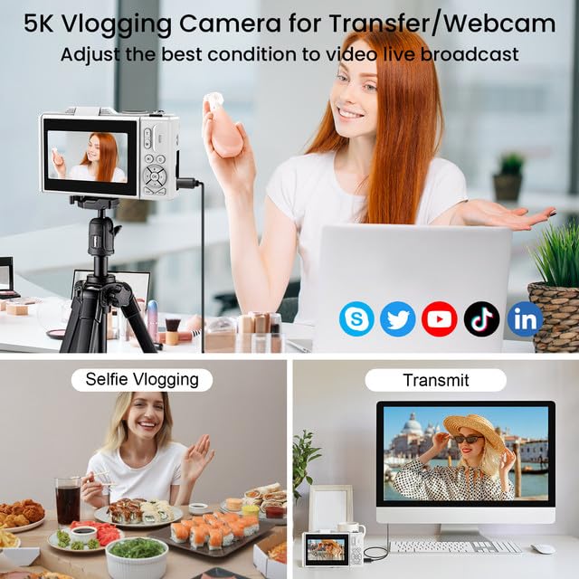 LAMA Digitalkamera, Mini Digitalkameras 5K 75MP Fotokamera mit 64G SD-Karte, Kompaktkamera 3,0 Zoll 180° Flip-Screen 18X Zoom Digital Kamera, Fotokamera für Kinder Teenager Anfänger (Weiß)