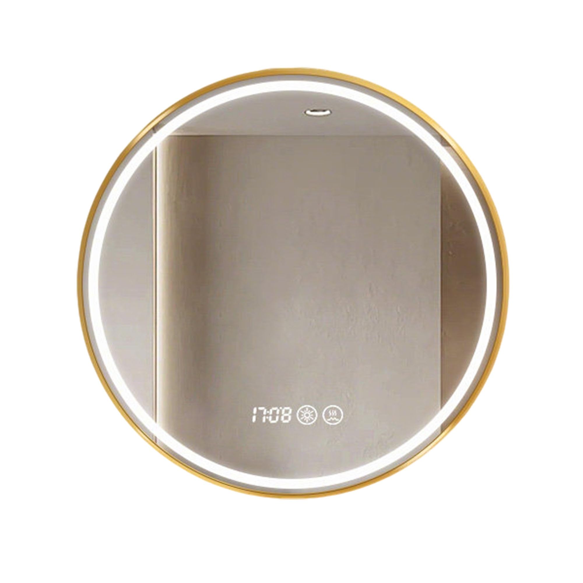 Zlthraustic Round Bathroom Mirror with LED Lights, Waterproof Wall Mount Makeup Mirror with Gold Frame, Anti-Fog, 3 Colors Dimmable, Clock Function, 4 (80x80cm)