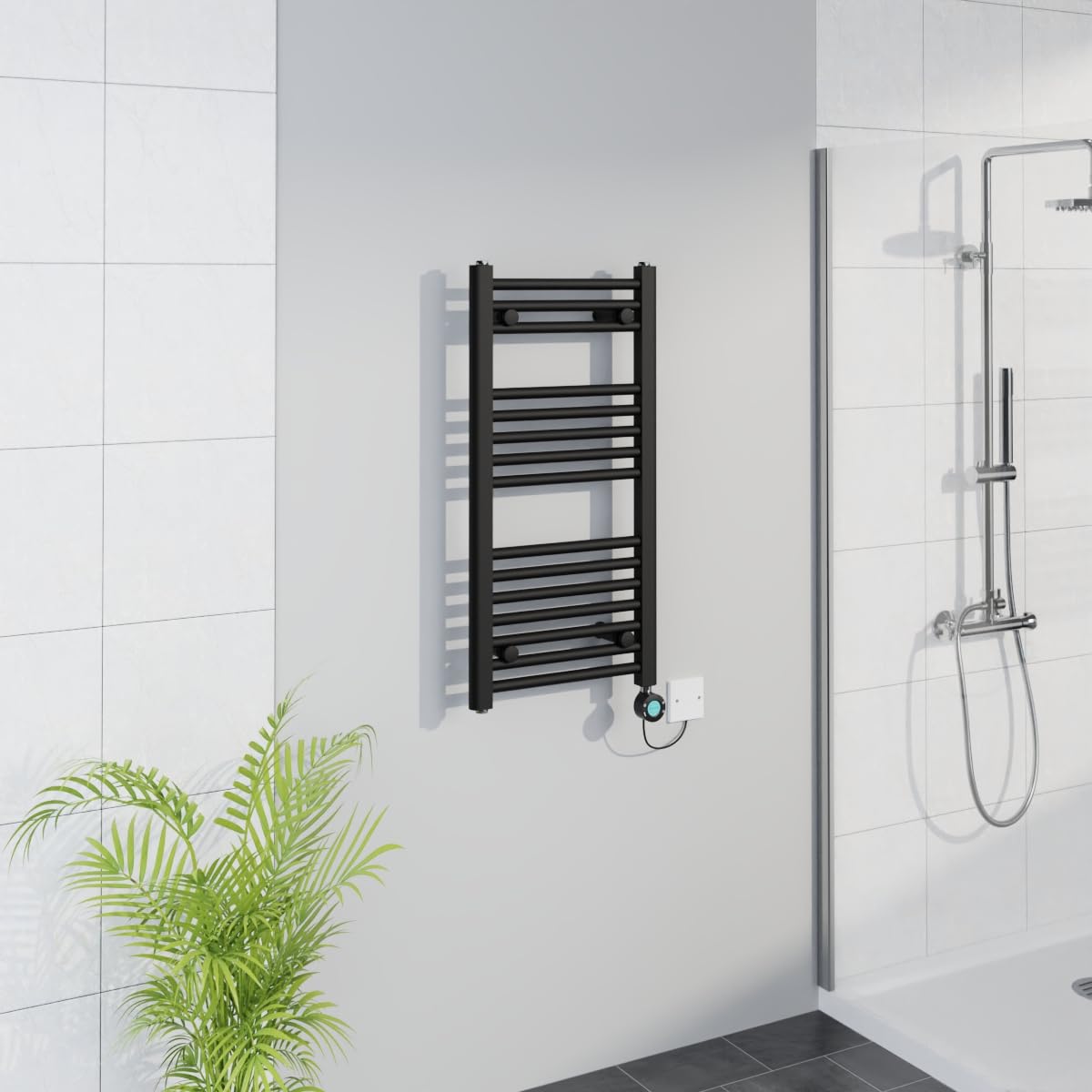 Warmehaus Black Smart Wifi Thermostatic Electric Bathroom Straight Heated Towel Rail Warmer Radiator With Timer 800X400mm