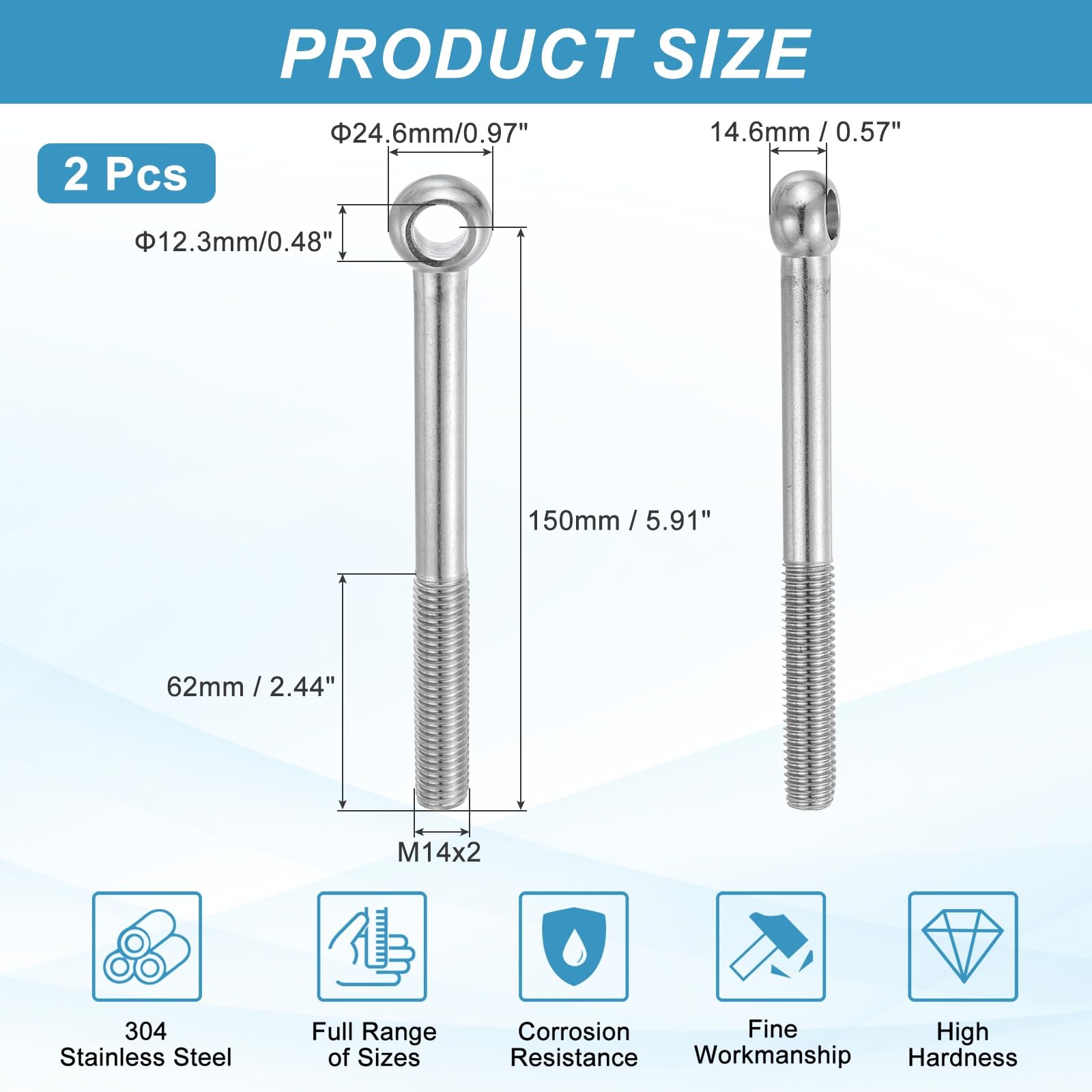 PATIKIL 2 Pcs M14x150mm Shoulder Swing Lifting Eye Bolt - Image 2