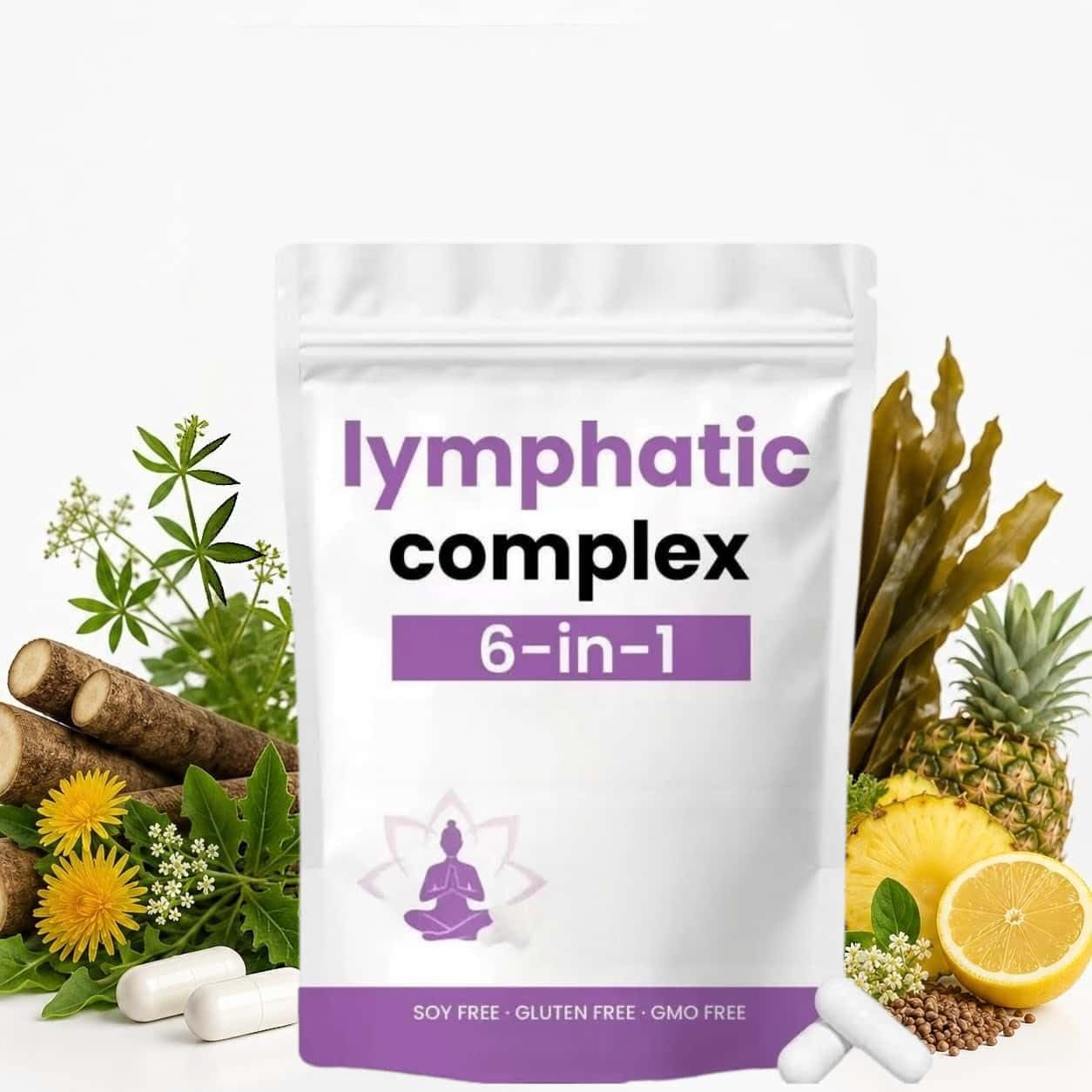 Cápsulas de complejo linfático 6 en 1, apoyan el flujo linfático