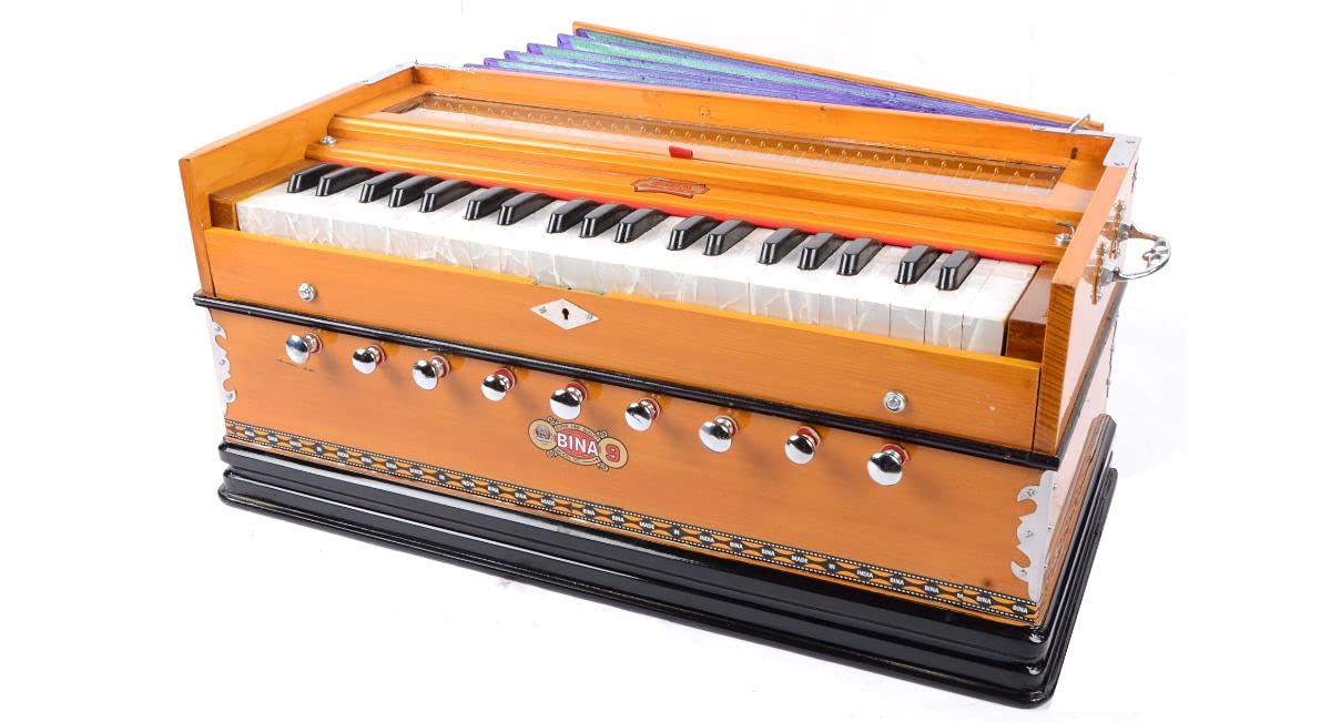 Harmonium BINA no. 9 Indian Harmonium, 2024 Edition,3 1/2 octaves, 9 stops, 4 extra notes, multifold bellows, BINA special reed,Checked & Retuned by Aakrati Musicals Safri, Natural Color, Kirtan,