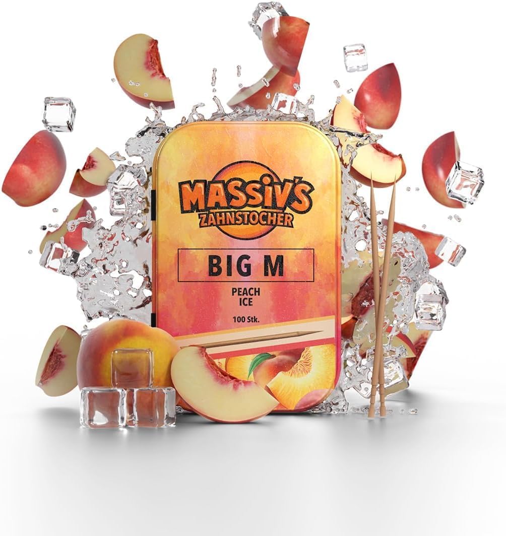 Massiv's Zahnstocher - Zahnstocher mit Geschmack – BIG M Pfirsich Ice – 100 aromatisierte Zahnstocher – frischer Atem – stylische Metalldose – vegan, zuckerfrei, kalorienfrei