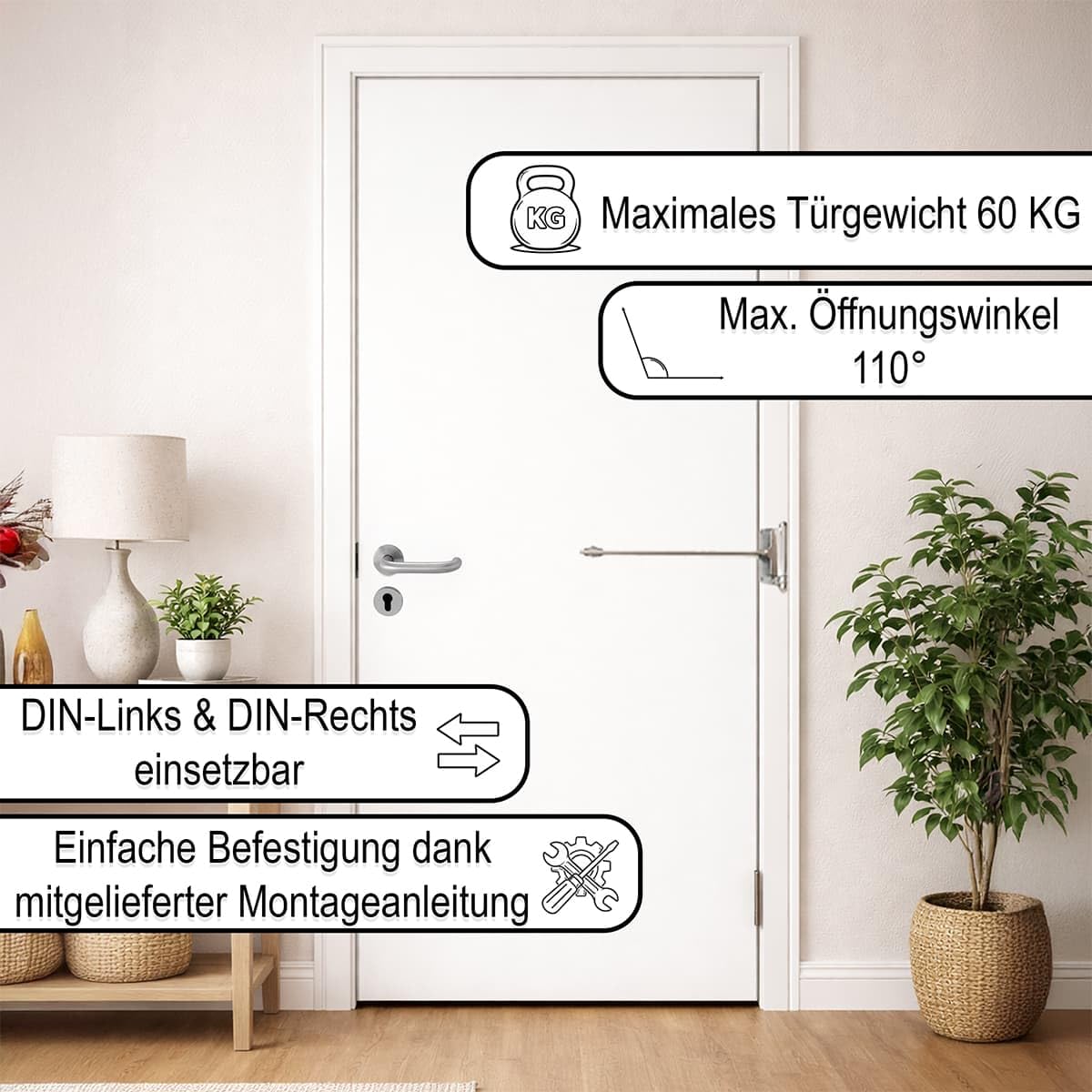 MS Beschläge Stangentürschließer aus Stahl verzinkt bis 60 kg – mechanischer Türschließer mit Stange, einstellbare Federkraft - für Innen- & Außentüren & Gartentore - Türfeder DIN links & rechts