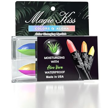 Magic Kiss Color Changing Matte Lipstick set, Long Lasting Nutritious Lips Moisturizer Magic Temperature Color Change Lip Balm with Aloe Vera MADE IN USA 2 Pack - Split B Magenta/Gold & Green/Blue