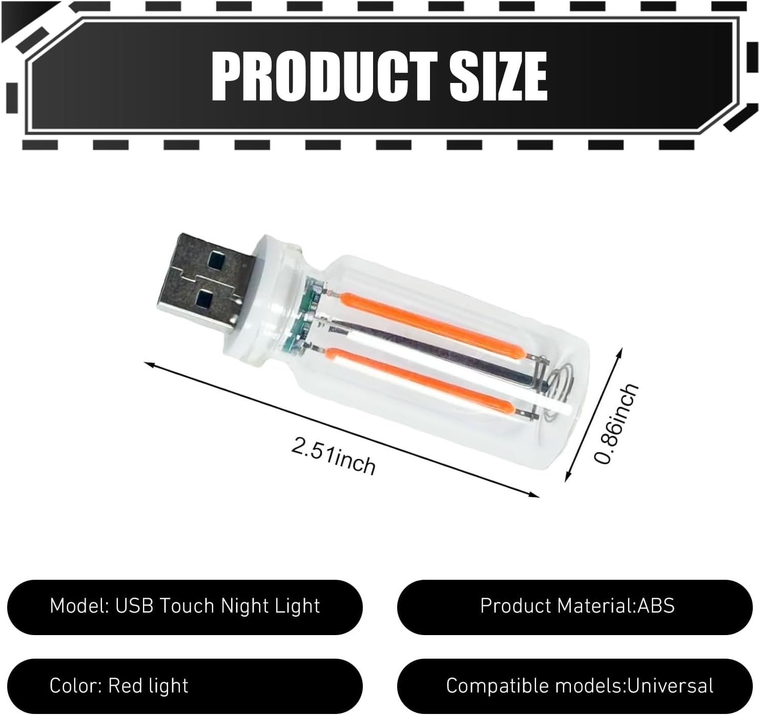 2 PCS Car USB Lights, Touch Dimmable Automotive Atmosphere Lamps, Insert Mini Glass Bottle USB Night Bulb, Universal Car Lighting Interior Accessories (Red)