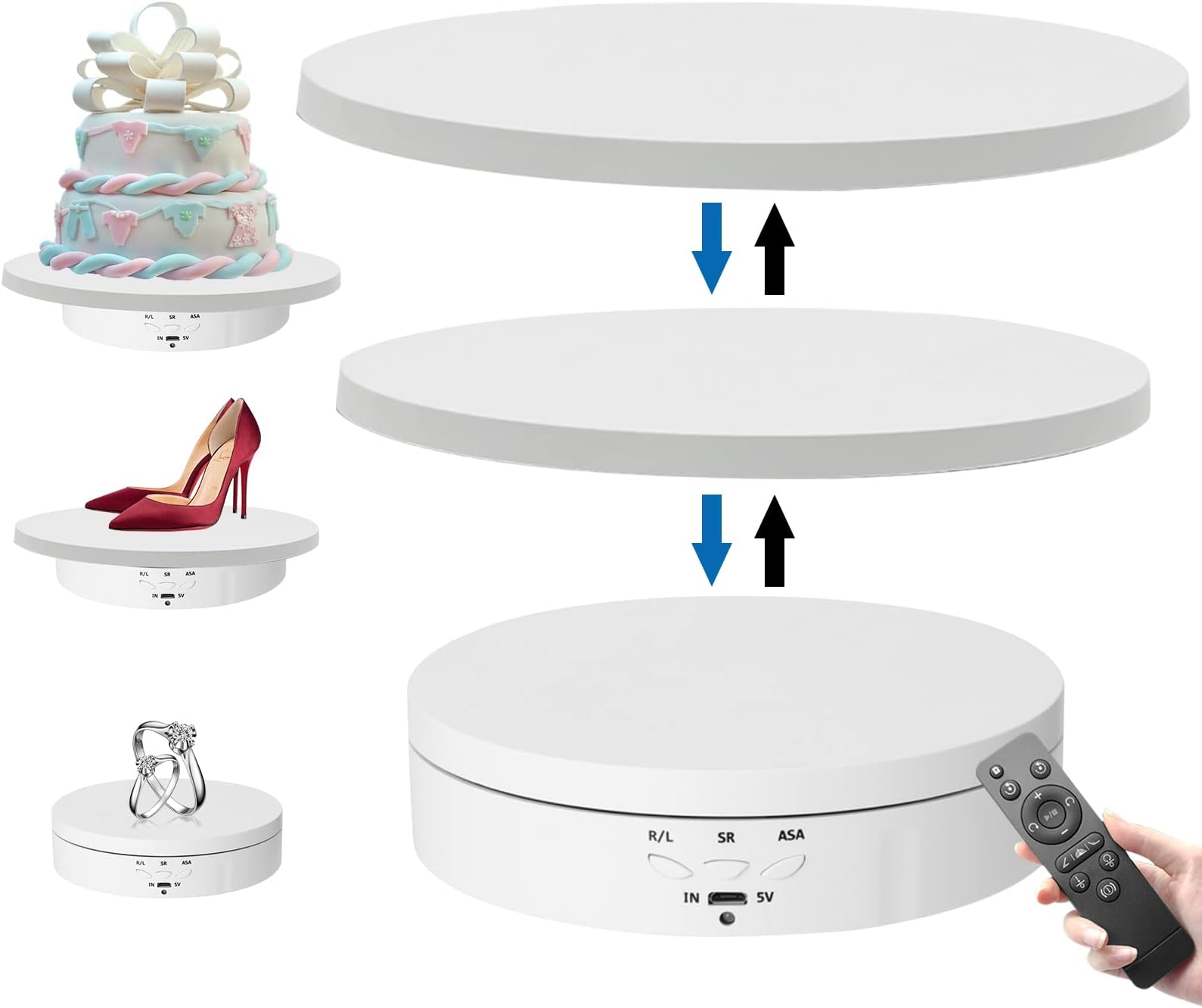 Btstil 3 in 1 Electric Turntable 360 Degree Electric Rotating Display Stand with Remote Control for Photography, Product Display, Jewellery, Watch, 3D Models, Collectibles (White)