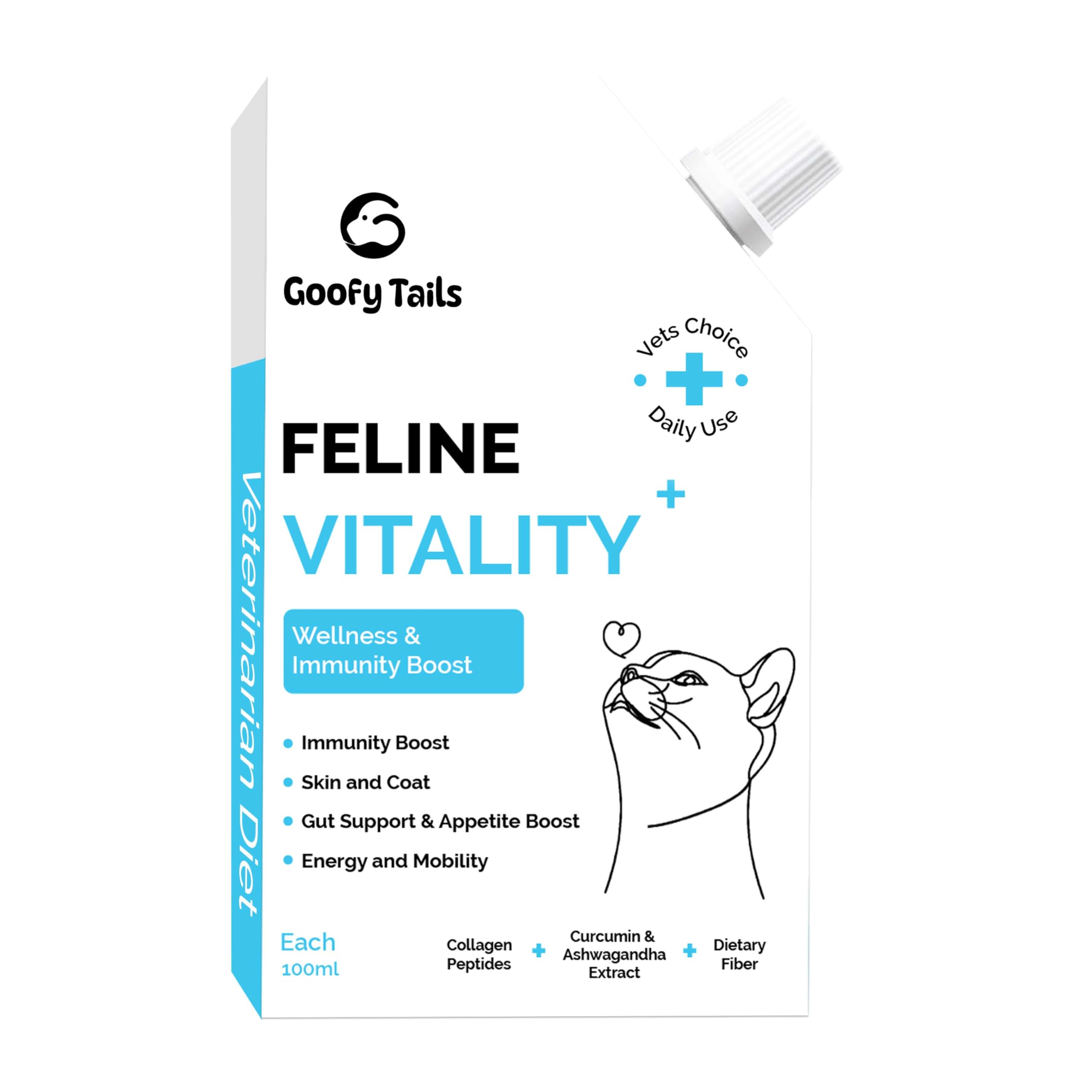 Goofy Tails Feline Vitality+(100Mlx1Pack) Liquid Immunity Booster for Cats, Cat Coat Supplement, Gut Supplement, Boosted with Curcuminoids, Ashwagandha, Prebiotics and Collagen for Cats-image-10