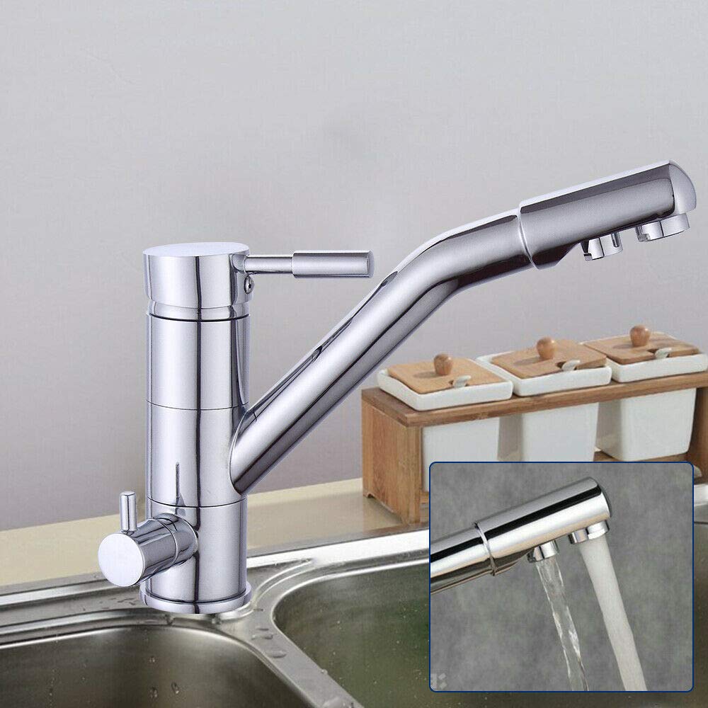 Faustina 3-weg keukenkraan met sproeier uittrekbaar, dubbele hendel, waterkraan, wastafelarmatuur, drinkwaterkraan, keuken voor osmose-installatie, omgekeerde osmose en waterfilter, geborsteld