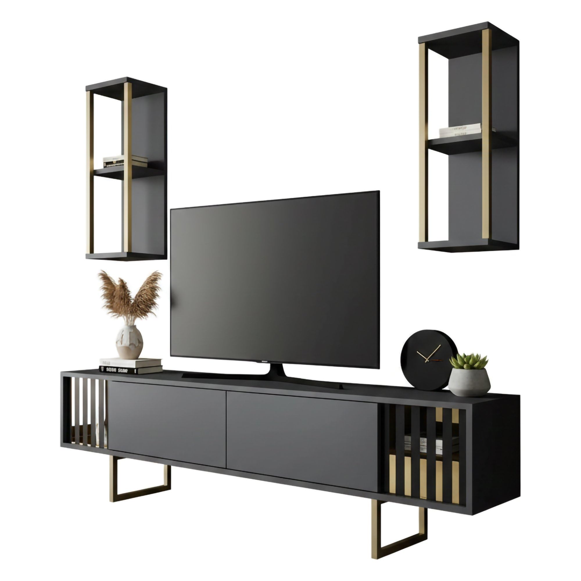 Dmora - Mobile porta TV Eunomia, Credenza da soggiorno, Armadio basso per TV, Base parete attrezzata, 180x30h48 cm, Antracite e Nero