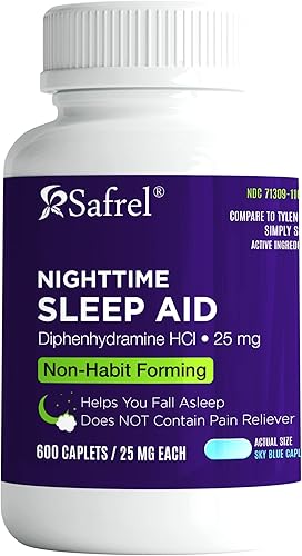 Safrel Ayuda para dormir nocturno, difenhidramina HCl 25 mg | Fuerte apoyo para dormir reparador que no forma hábitos para hombres y mujeres |