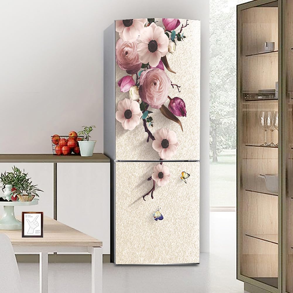 Fridge Stickers, Fridge Sticker Full Covering Door Covers Skins Wall Stickers for Kitchen Decal, Bright Pink Flowers(S: 60x150 cm)