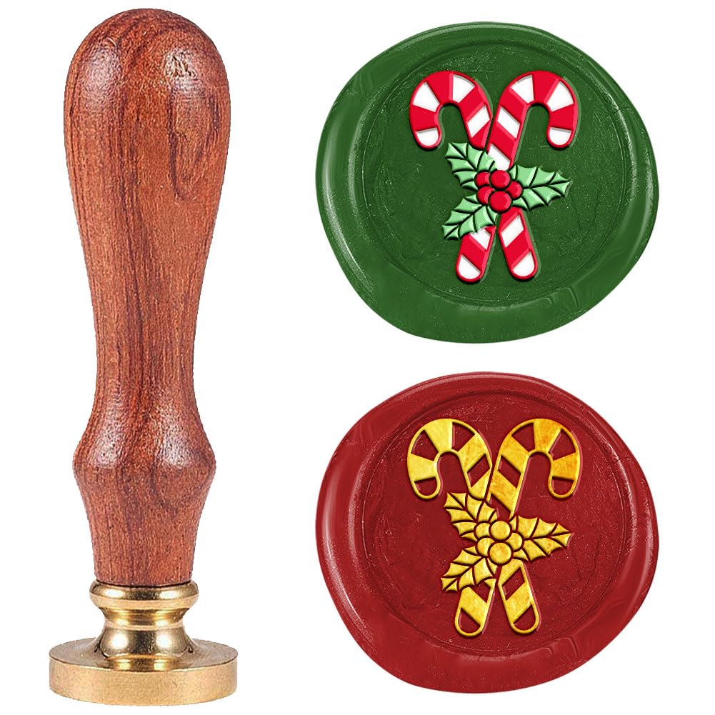 DELORIGIN Christmas Cane Wax Sealing Stamp Vintage Crutch Candy Removable Brass Head Wax Stamp Kit with Wooden Handle for Christmas Party Invitations Wine Envelopes Gift Wrapping Cards Decoration