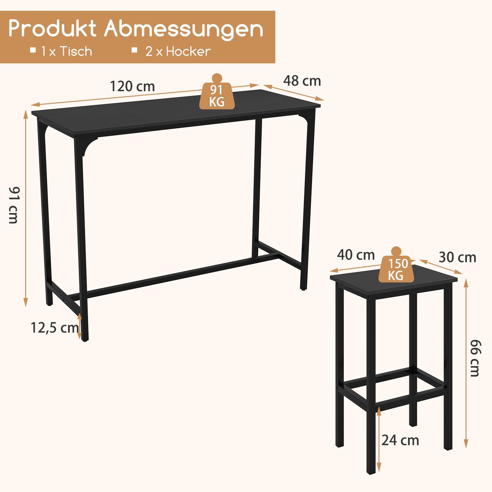 RELAX4LIFE Bartisch mit Barhocker-Set, Esstisch mit 2 Stühlen, Stehtisch mit Metallrahmen, Küchentresen mit Fußstütze, Küchentisch und Küchenstühle im Industrie-Design, Essgruppe für Küche (Schwarz)