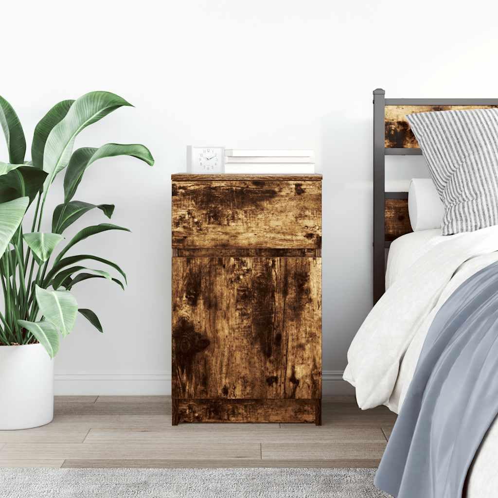 Elegante mesita de noche para dormitorio, roble ahumado, 39 x 35 x 65 cm, material de madera, fácil de limpiar, mesita de noche con superficie lisa, con placa estable y soporte de pared