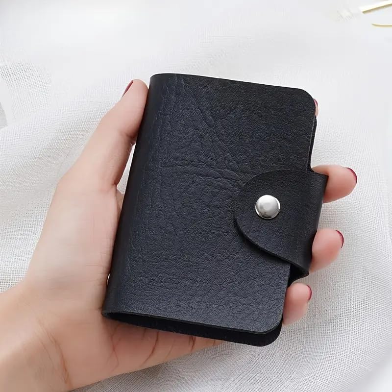 Stylish Black Faux Leather Wallet with 24 Card Slots-Compact Business Card Holder and Notepad, Neutral Design