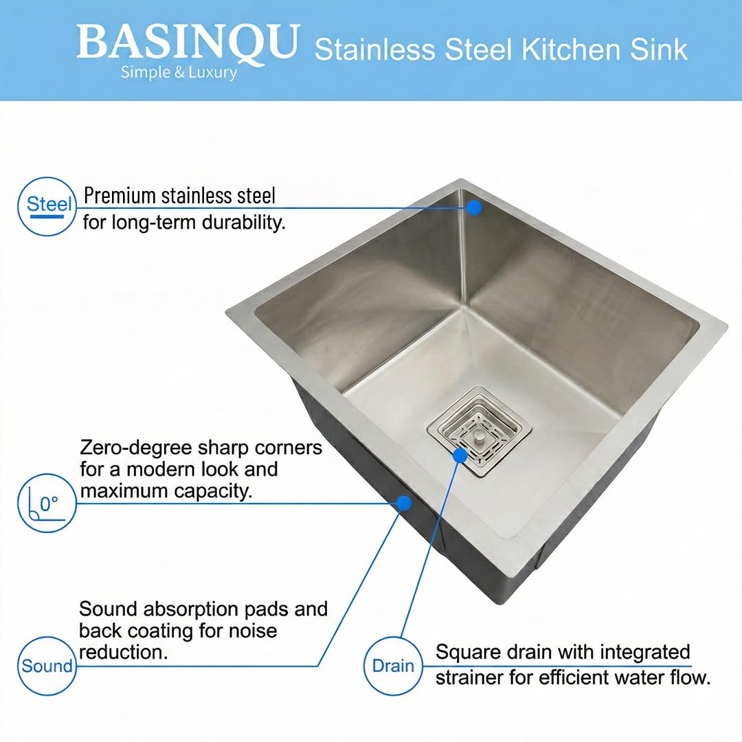 BASINQU BASINQU Kitchen Sink 24x18x10 Inch Handmade Single Bowl Sink for Kitchen Basin 304 Grade Stainless Steel Brushed Matte Finish Including Coupling Fruit Tray Hose Pipe Kitchen Sinks 3
