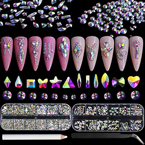2000PCS AB Crystal Rhinestones Set 120PCS Rhinestones Set 12 Shaped Crystal Nail Rhinestones Set with Tweezer and Picking Pen Shiny Nail Jewels for Nail Art DIY Crafts Phones Clothes (Multi-colored)