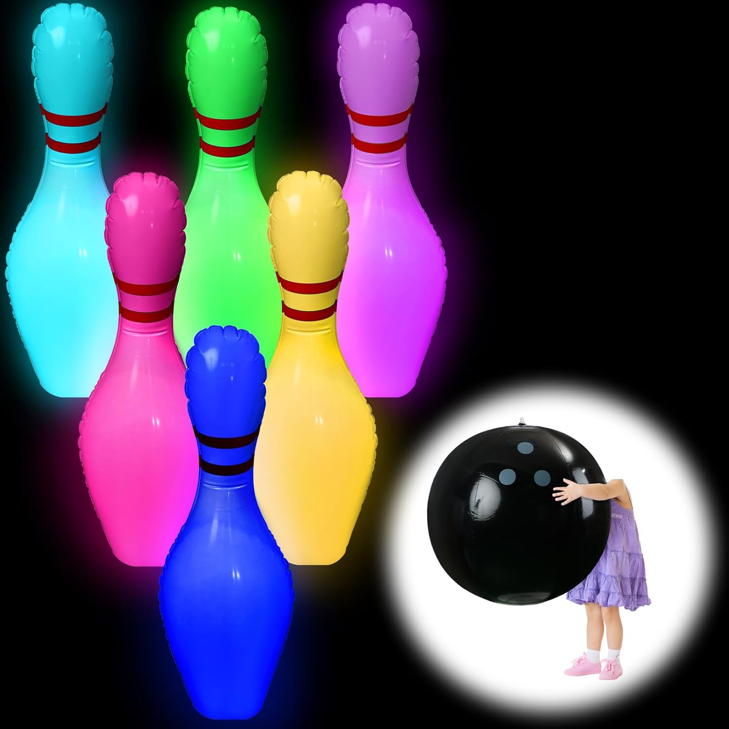 Poen 7 Pcs Glow in The Dark Giant Inflatable Bowling Set, Including 6 Pcs 27 Inches Bowling Pins and a 24 Inches Inflatable Ball Adults Outdoor Indoor Family Party