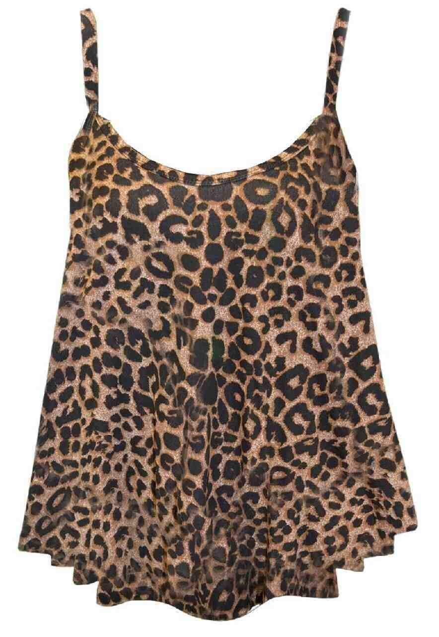 Wearall Women's Brown Leopard Plus Size Plain Strappy Sleeveless Swing Cami Vest Top 20-22