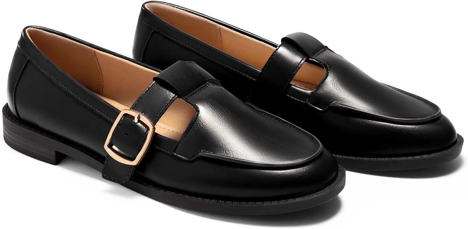 Coutgo Womens Slip On Loafers T-Strap Closed Round Toe Flats Comfortable Work Business Dress Shoes