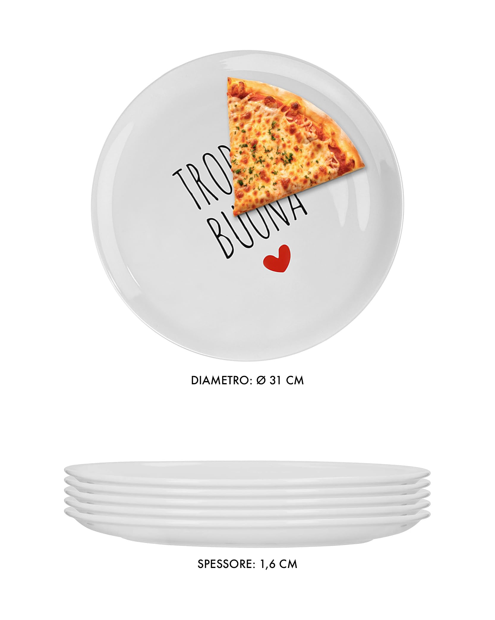 IlGruppone Set Di 6 Pezzi Piatti Per Pizza Grandi In Porcellana Piatto Cucina Pizze Piatti Piani Xxl Decorati Con Scritte - Diametro 31cm