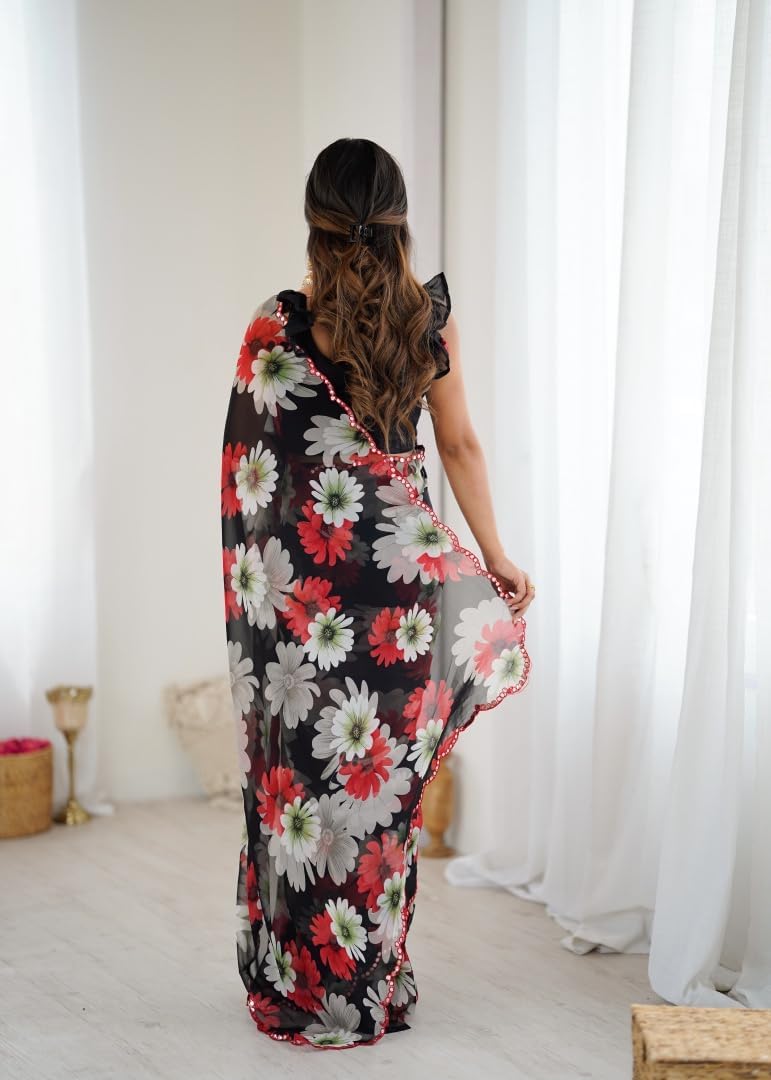 MOHIT CREATIONS Women's Wear Georgette Printed Saree With Paper Mirror Work and Unstitched Blouse Piece