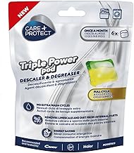 CARE + PROTECT Triple Power Anti-Limescale and Degreasing Capsules for Washing Machine/Dishwasher, Full Cycle Sanitizer, Detergent, Descaler, Energy Saving Solution, 6 Capsules