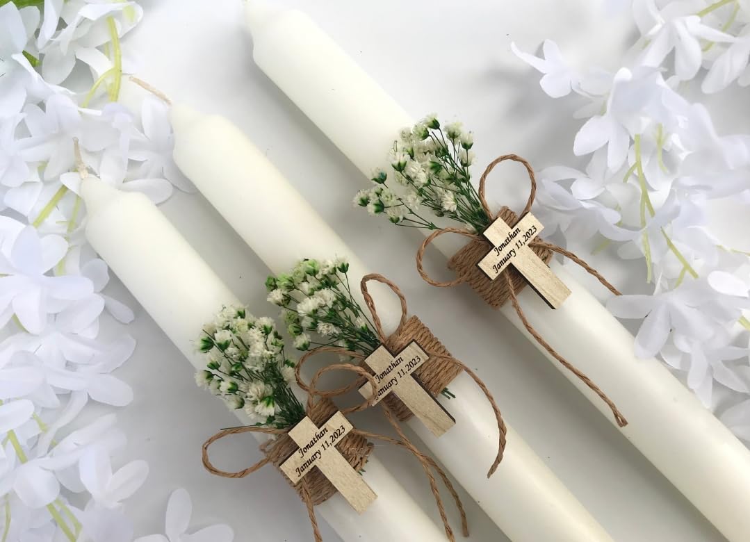 Vela de Bautizo y Primera Comunión, Juego de 3 Velas, Vela de Bautizo Personalizada, Vela de Ceremonia de Comunión, Lámparas Griegas