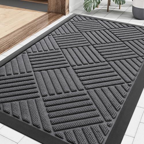Smiry Front Door Mat Outside Entrance, Heavy Duty Outdoor Indoor Natural Rubber Doormat, Non Slip, Trap Dirt and Moisture, Easy Clean, Low Profile Patio Porch Entryway Mat, 29.5x17, Grey