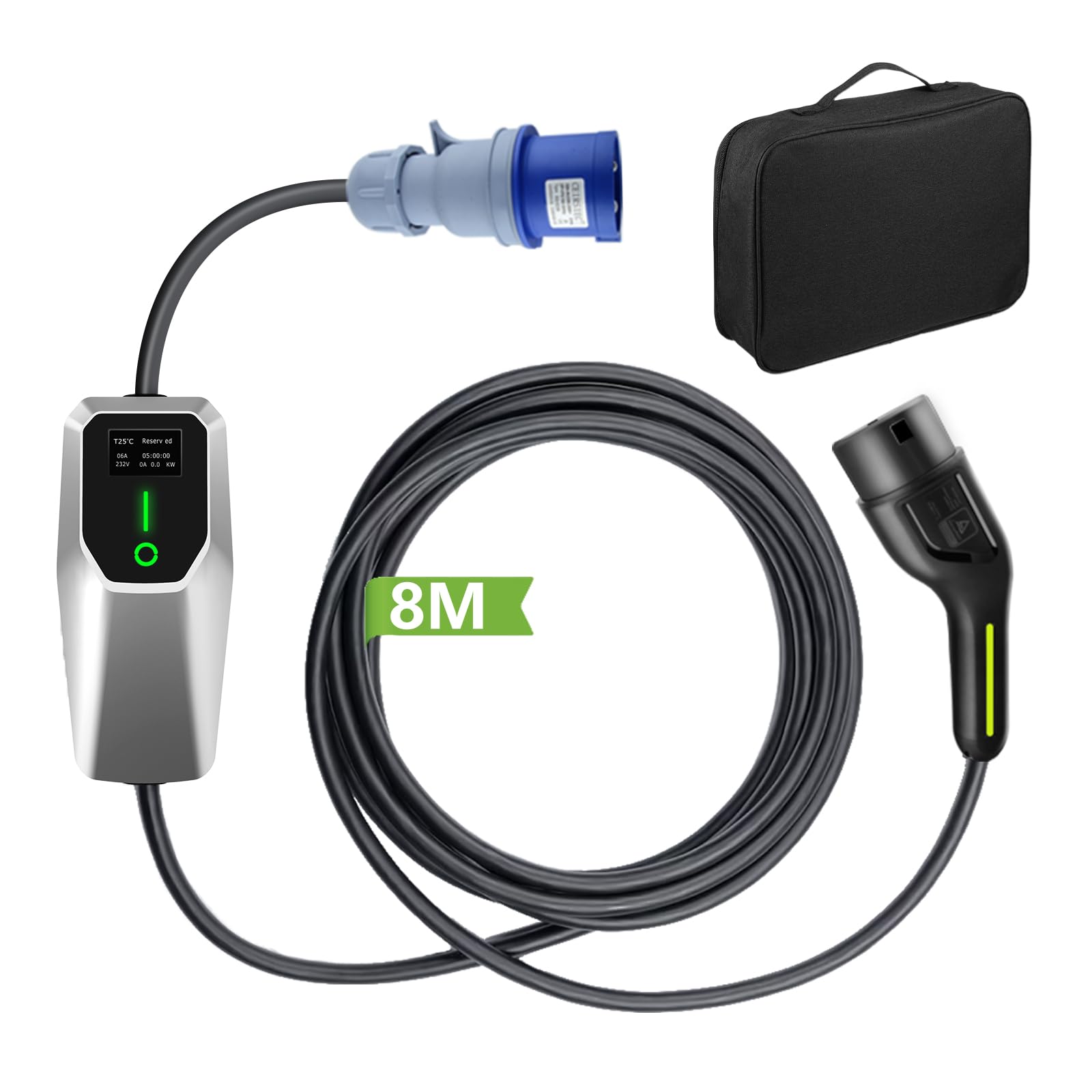Cargador Coche Eléctrico, Cargador EV Tipo 2 de 7.2KW con Corriente Conmutable 8A-32A, con Pantalla, Carga Temporizada, Acepta Voltaje Doméstico 250V,Cable Carga Coche Electrico, 8 Metro