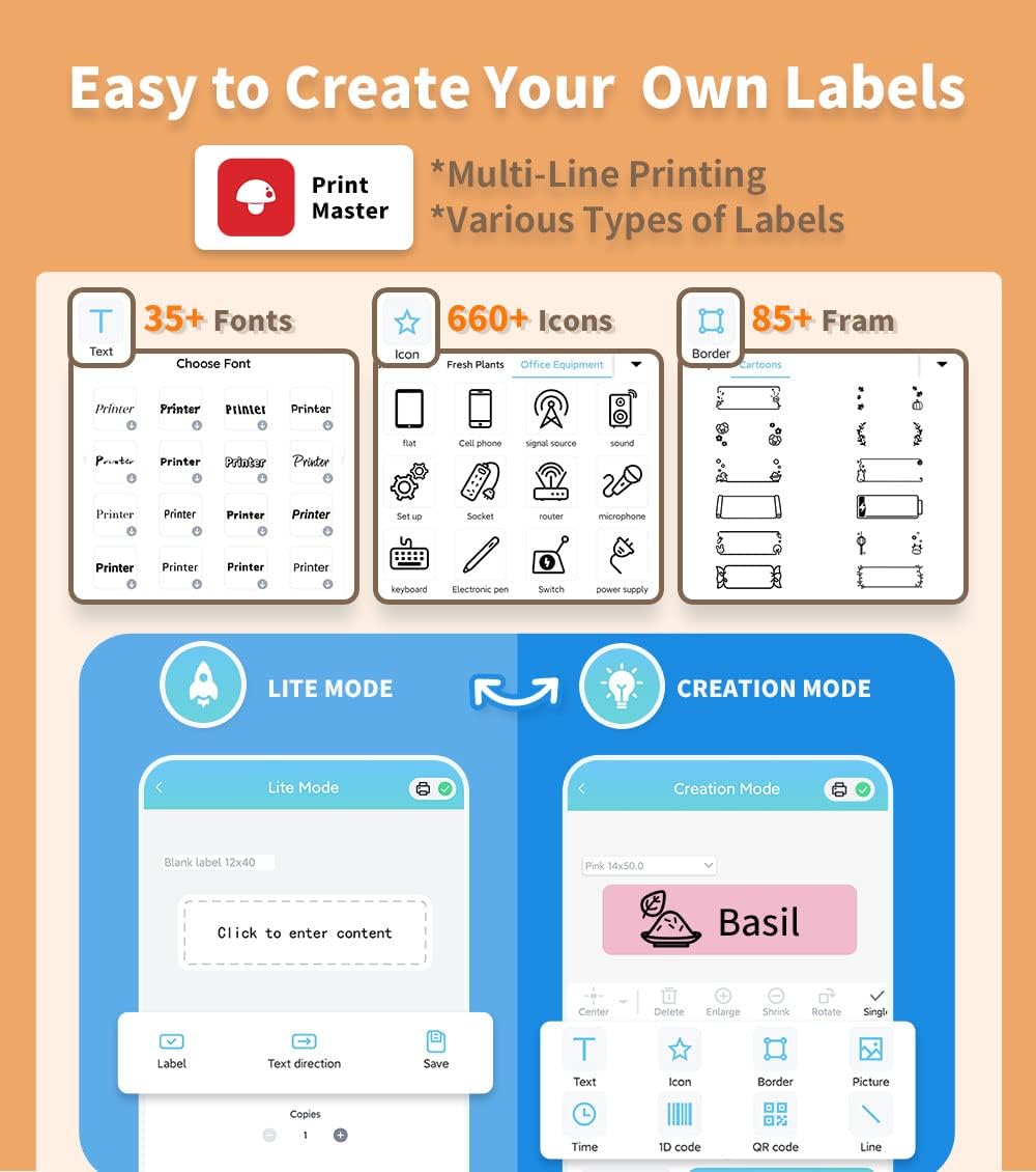 Smartphone screen showing Print Master APP with options for Lite Mode and Creation Mode, and icons for App Store and Google Play.