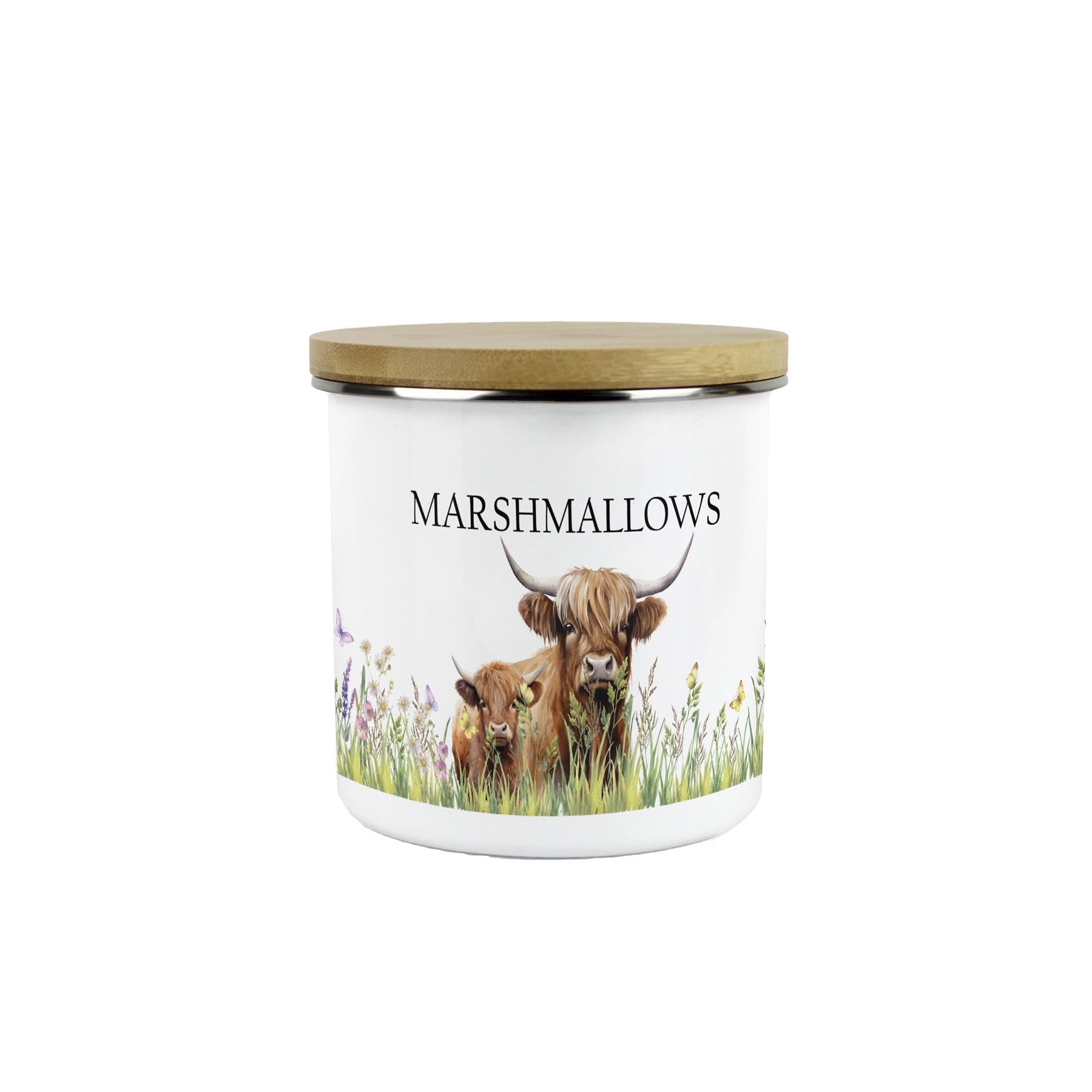 Purely Home Highland Cow & Calf Marshmallows Canister - Country Farm - White Metal Enamel Medium Sized Kitchen Food Storage Container