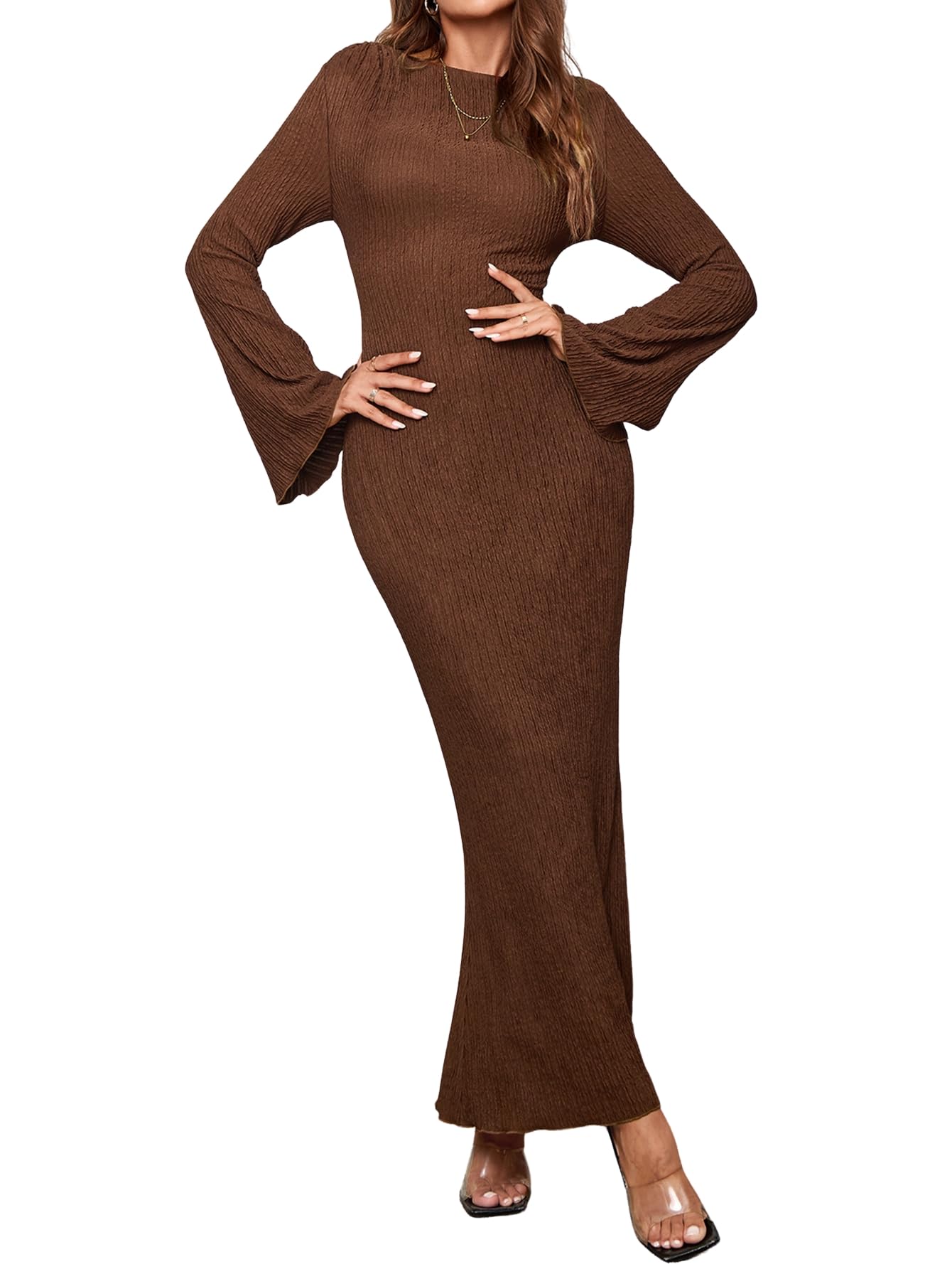 Women Long Sleeve Maxi Dress Bodycon Elegant Formal Wedding Guest Long Fall Dress for Women 2025