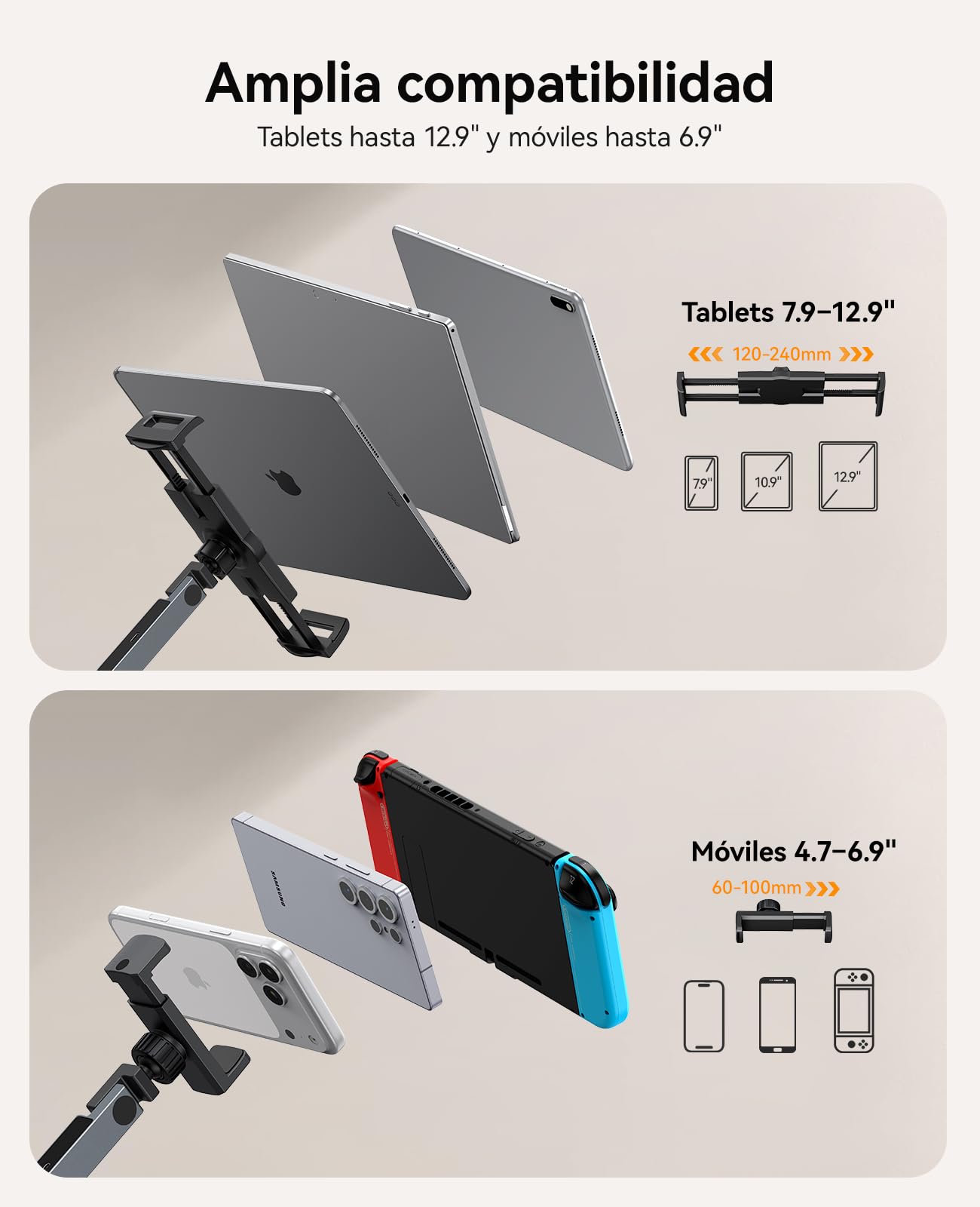 ORICO Soporte para Tablet con hub USB Integrado, Brazo Ajustable de Aluminio para iPad Pro/Air/Mini, Galaxy Tab y Tablets hasta 12,9", teletrabajo y creación de Contenido – RA1-3P, Gris