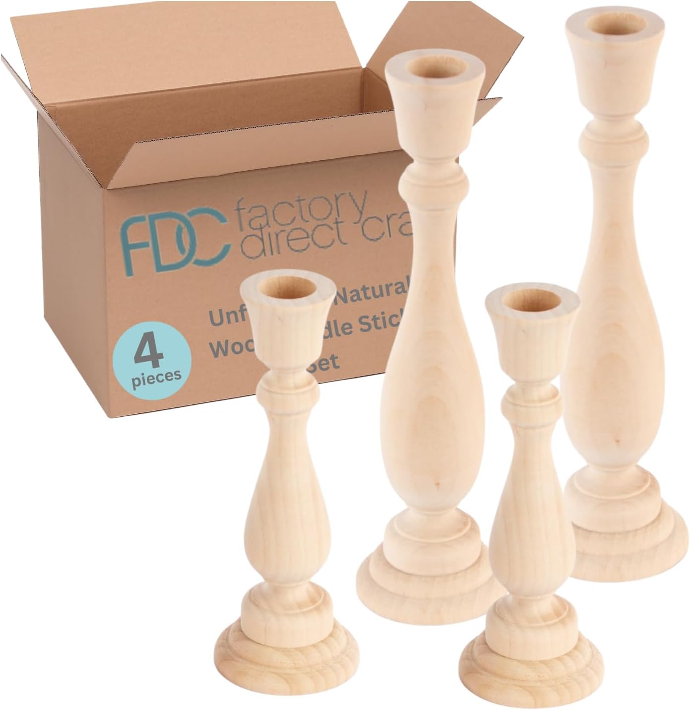 Unfinished Natural Wood Candle Sticks Set in Varied Heights by Factory Direct Craft - Set of 4 Wooden Candle Holders for DIY Crafts and Decorating Made in USA (Sizes 6" H and 9" H)