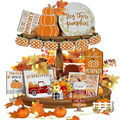 Thanksgiving Tiered Tray Decor Set Pumpkin Home Decorations Rustic Farmhouse Truck Wooden Sign Spice Blocks Autumn Sign for Festival Gift Tabletop (Pumpkin)