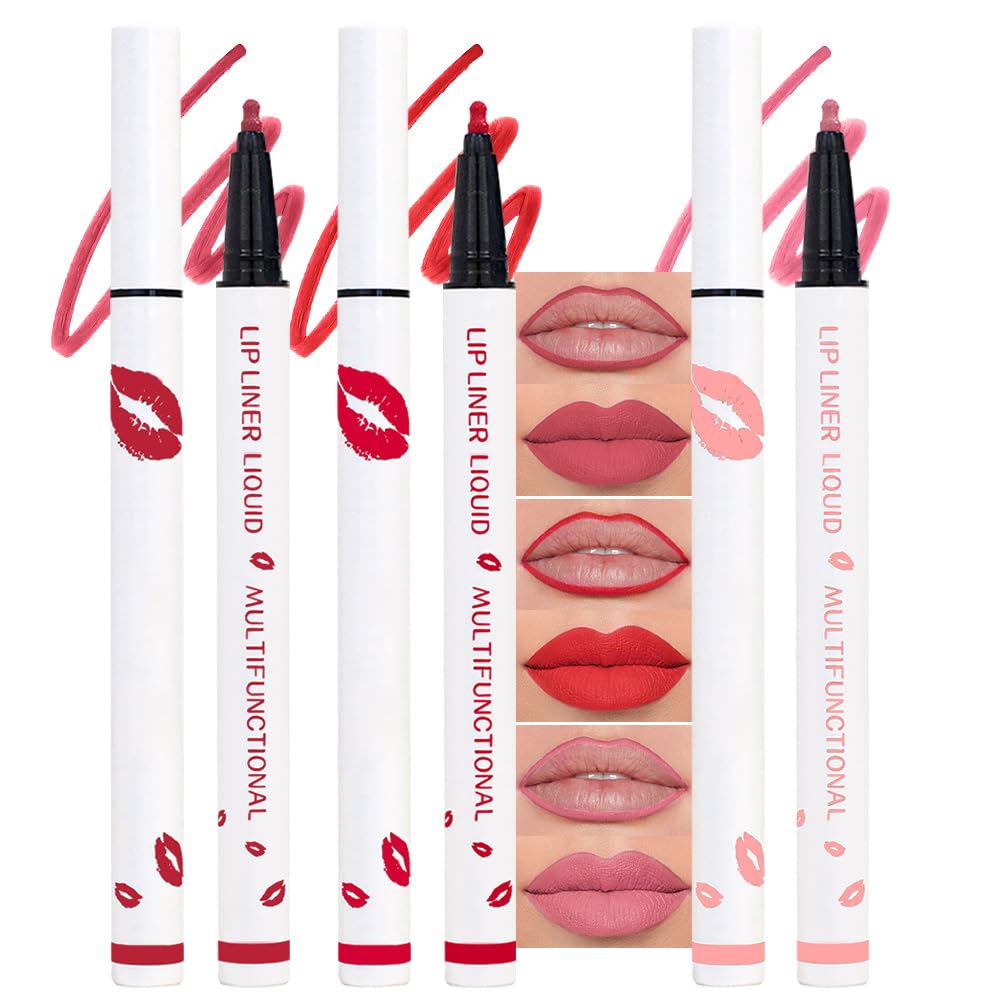 3Pcs Longwear Liquid Lip Liner Stain Pen Set Long Lasting Waterproof, Pink Ruby Red Warm Pink Matte Semi Permanent 24 Hour Lip Liner and Lipstick