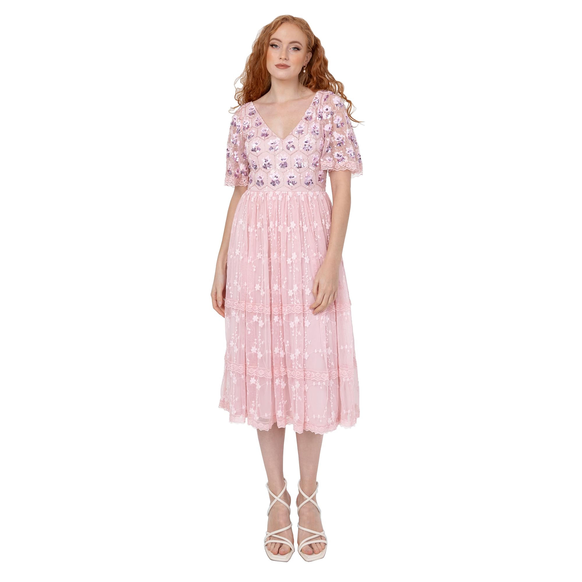Maya Deluxe Women's Ladies Midi Dress Short Angel Sleeves V-Neck A-line Sequin Embellished Floral Tulle Lace Wedding Guest Prom Ballet Rosa 46, Ballet Pink, 48