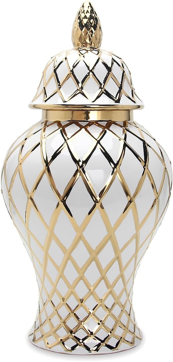 Vase Tabletop White Gold Ceramic Ginger Jar Decorative Porcelain Floral Home Decor